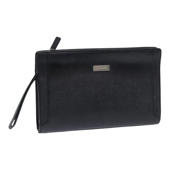 BURBERRY Clutch Bag Leather Black Silver Auth - Picture 1 of 16